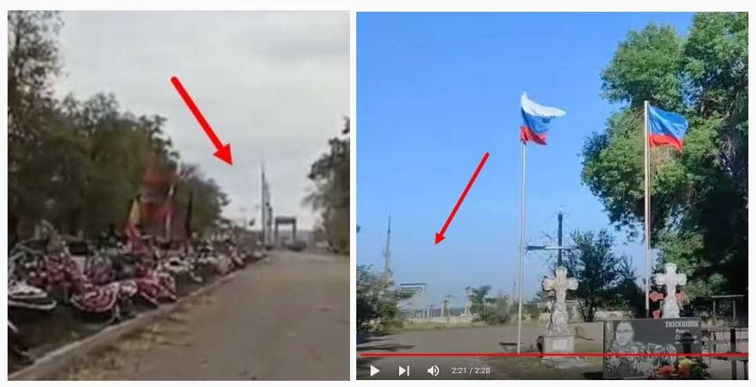 L'immagine mostrata dagli agenti della propaganda di regime (a sinistra) messa a confronto con un'altra immagine dello stesso viale, dove si vede chiaramente che si tratta di un cimitero, con le bandiere della Federazione Russa e della Repubblica Popolare di Luhans'k