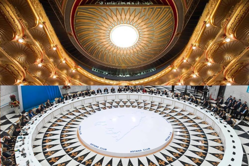 Piramide di Astana: il soffitto dell'Opera House e il tavolo circolare del Congresso